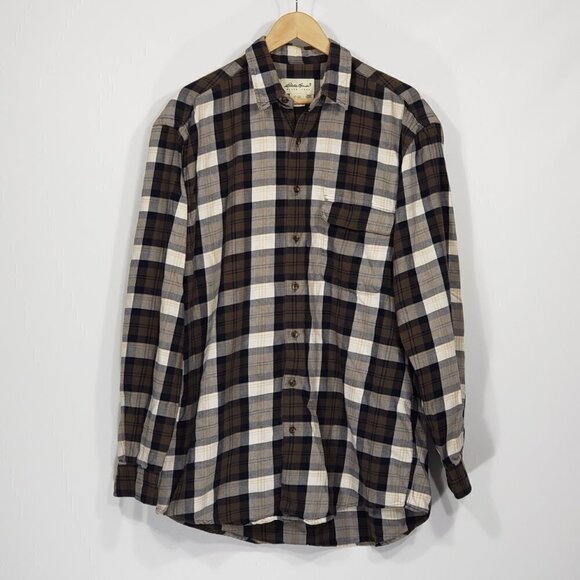 Eddie Bauer Brown & Tan Plaid Flannel Shirt Long Sleeve Men's Size Medium - Picture 1 of 3
